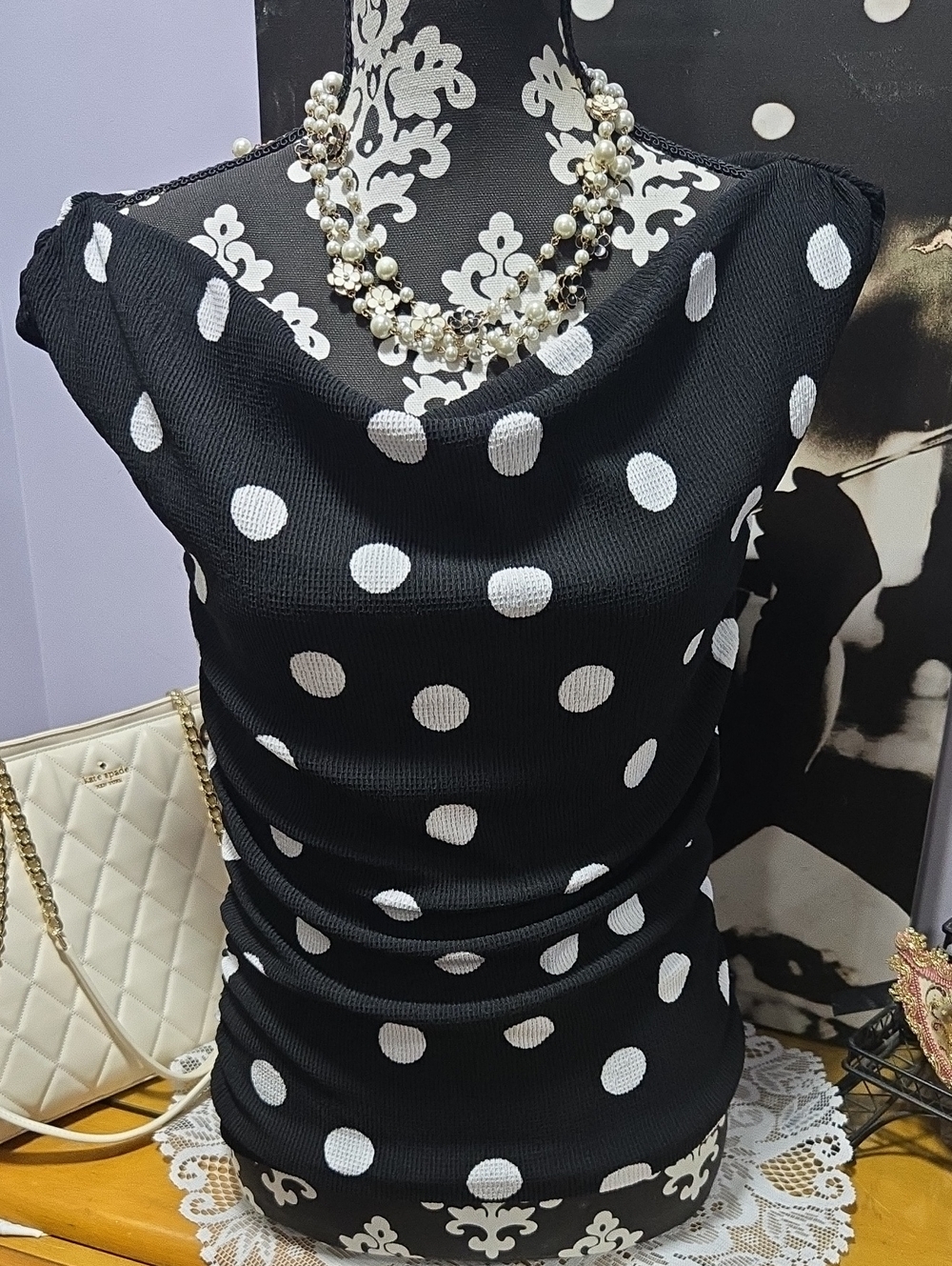 LOFT Black & White Polka Dot Cowl Neck Top